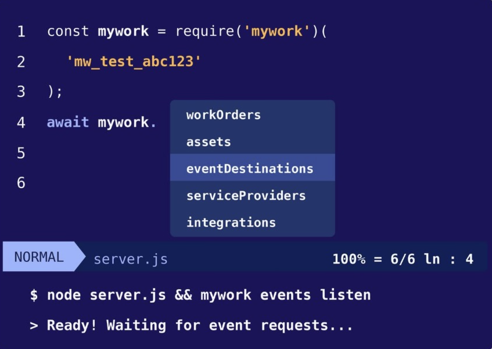 Code editor showing mywork SDK and event destinations
