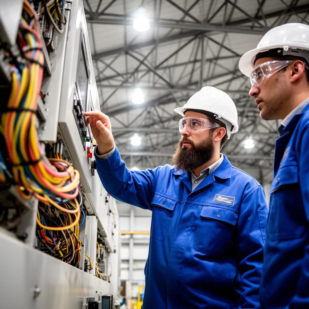 Field technician operating machinery in an industrial facility