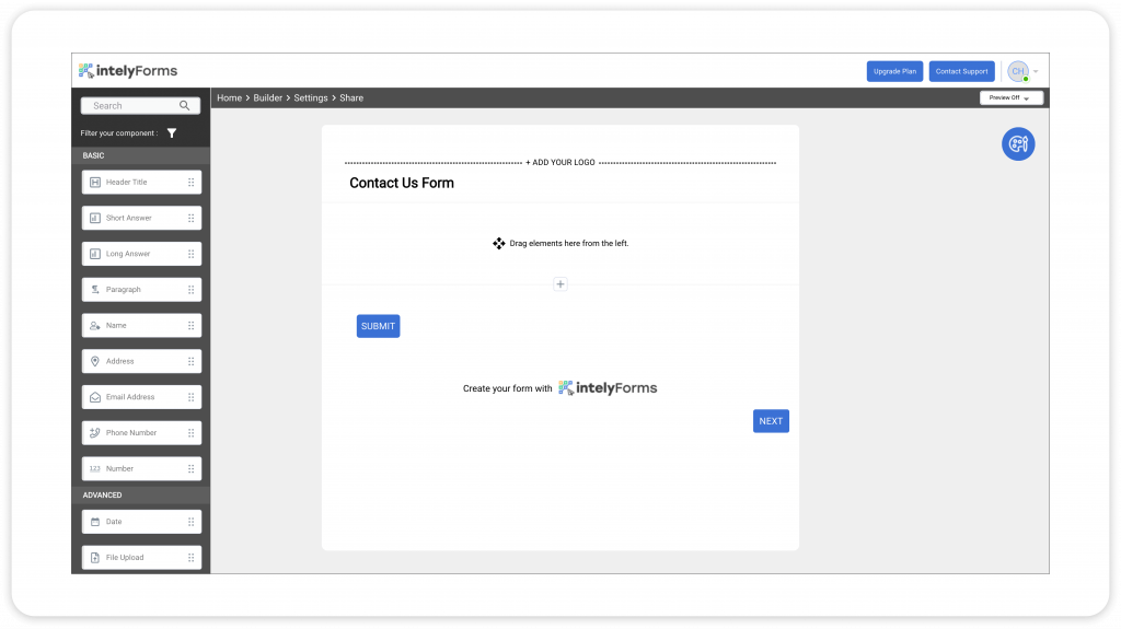 create a contact us form - intely