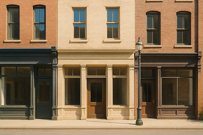 A sunlit streetscape of three historic brick buildings in Indianapolis with large windows and a vintage streetlamp, highlighting warm tones and clean architectural details.