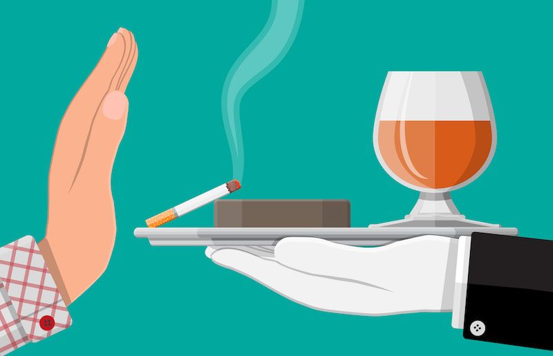 An illustration of a hand rejecting offered alcohol and cigarettes.