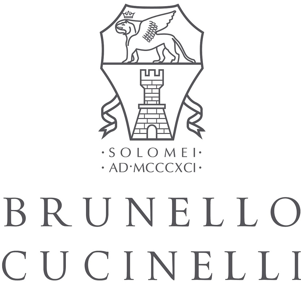 Brunello Cucinelli logo featuring a crowned winged lion above a stone tower, with text reading Solomei AD MCCCXCI and Brunello Cucinelli below.