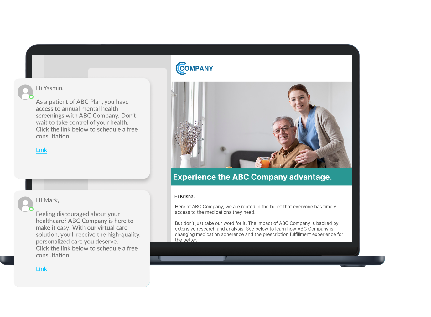 Laptop showing ABC Company webpage with a smiling healthcare worker embracing an elderly man holding a glass of orange juice, alongside personalized virtual care message pop-ups for patients Yasmin and Mark offering free consultations.
