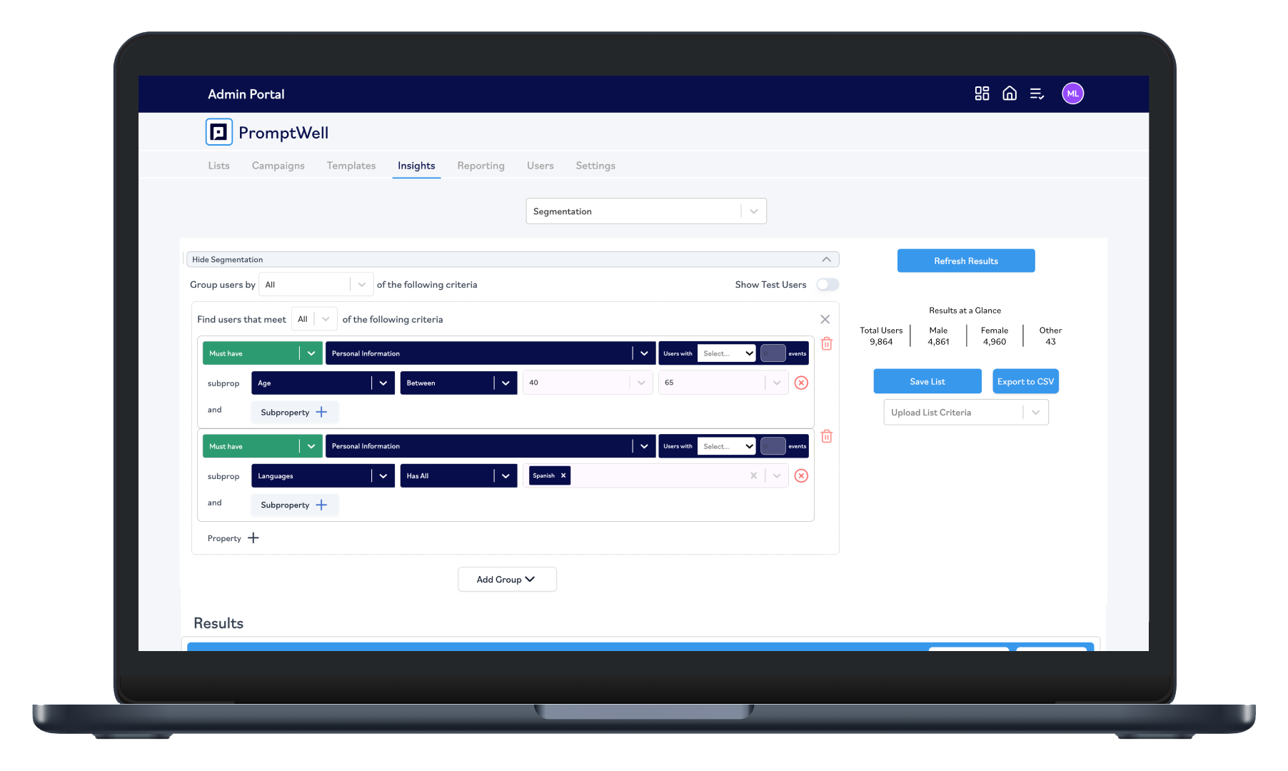 Laptop screen showing PromptWell admin portal with segmentation filters for user age between 40 and 65 and language set to Spanish, displaying user counts and options to refresh, save, or export the list.