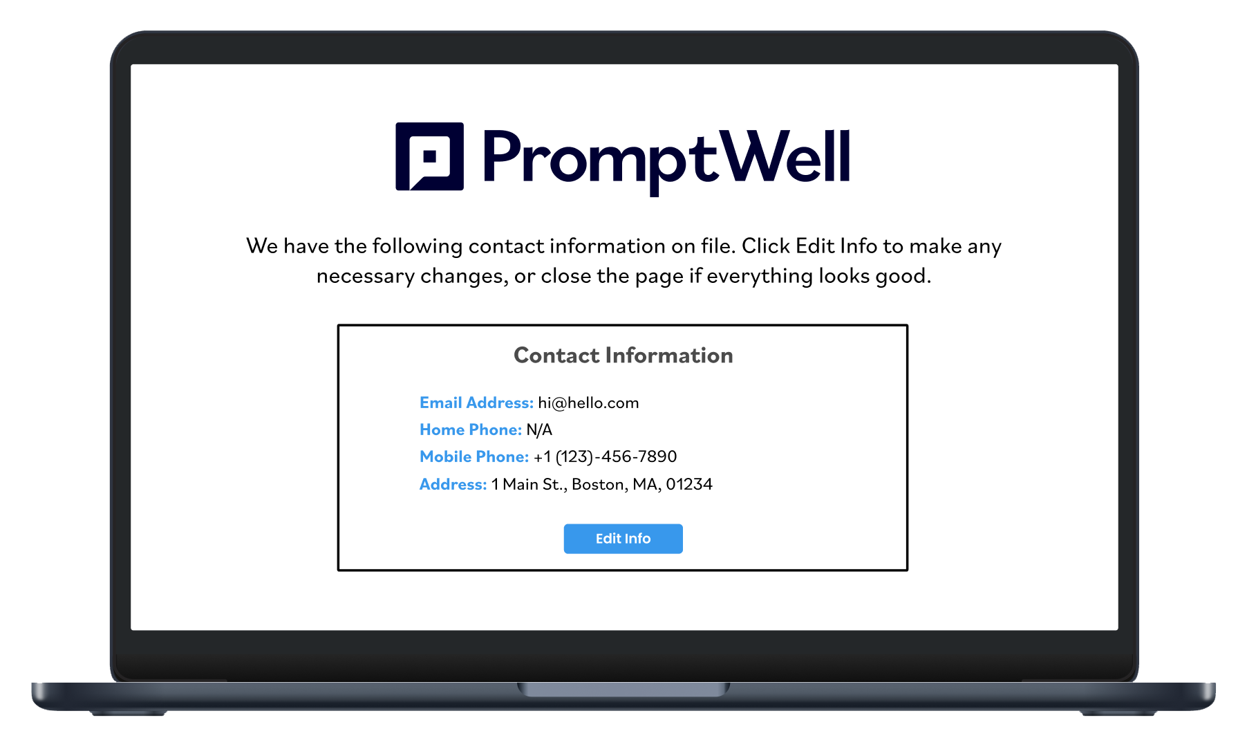 Laptop screen displaying PromptWell contact information including email, phone numbers, and address with an Edit Info button.