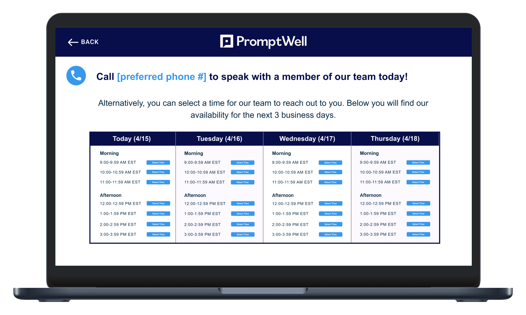 Laptop screen showing PromptWell scheduling interface with available call times from April 15 to April 18, divided into morning and afternoon slots with Select Time buttons.