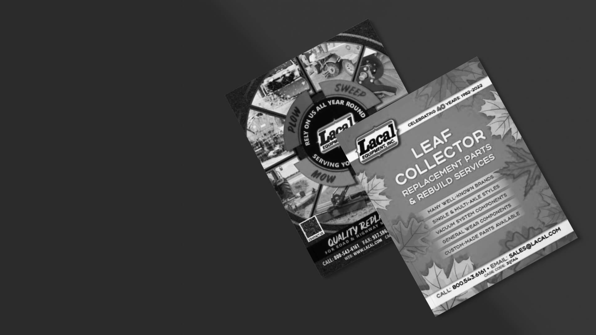 Lacal Equipment Inc. flyers for 2025 Full Line Catalog and Leaf Collector Replacement Parts.