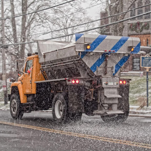 Truck spreading salt on snowy road.
