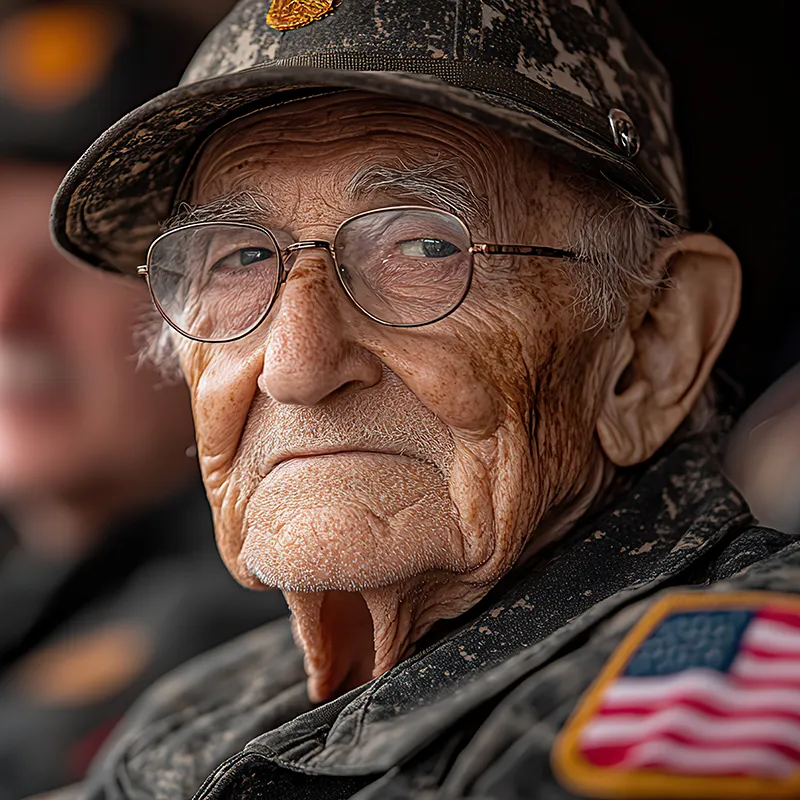 Senior male veteran dressed in uniform with American flag patch on shoulder