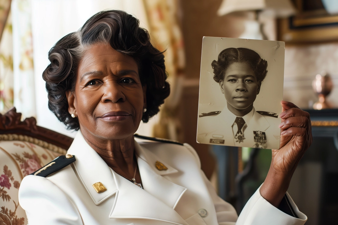 African American senior female dressed in naval uniform holding a picture from her youth