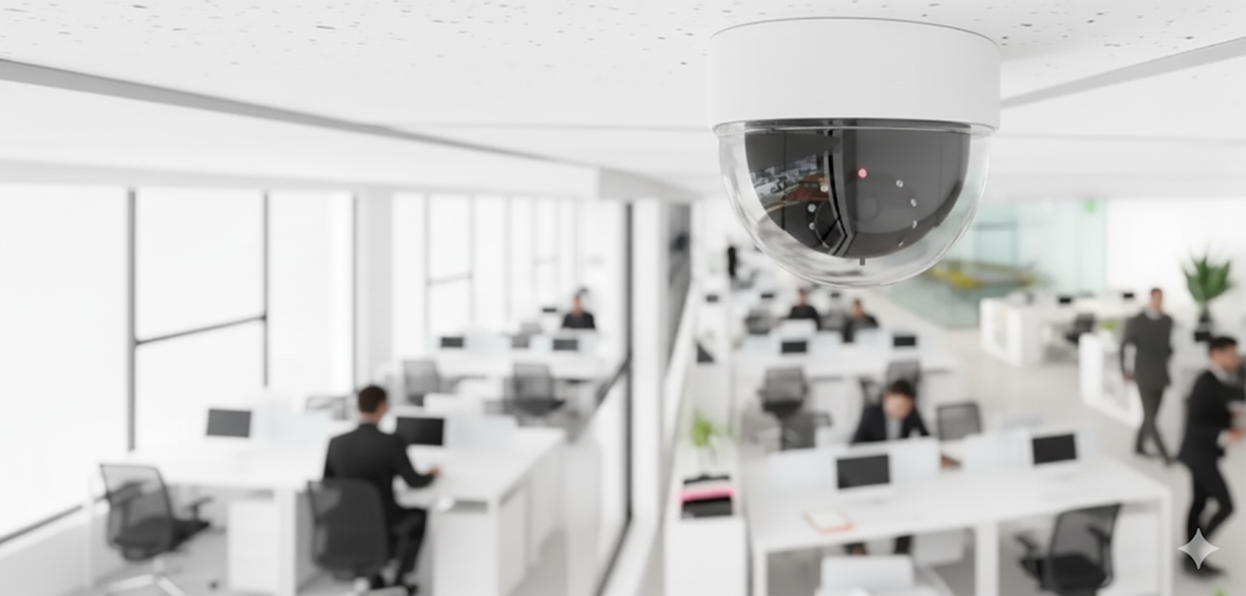 Close-up of a dome security camera installed on the ceiling, overlooking a modern open-plan office with employees working at desks.