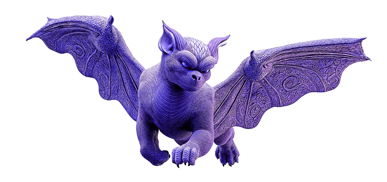 Majestic purple gargoyle with detailed wings flying.