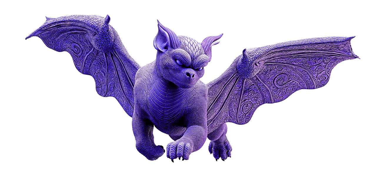 Majestic purple gargoyle with detailed wings flying.