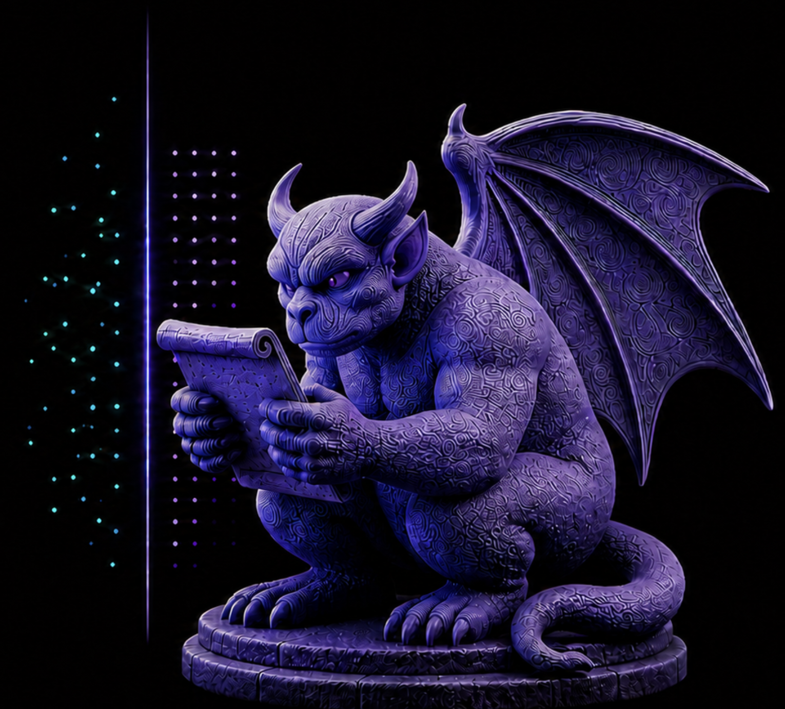 Winged stone gargoyle perched and reading a scroll, watching over shadow SaaS and AI activity