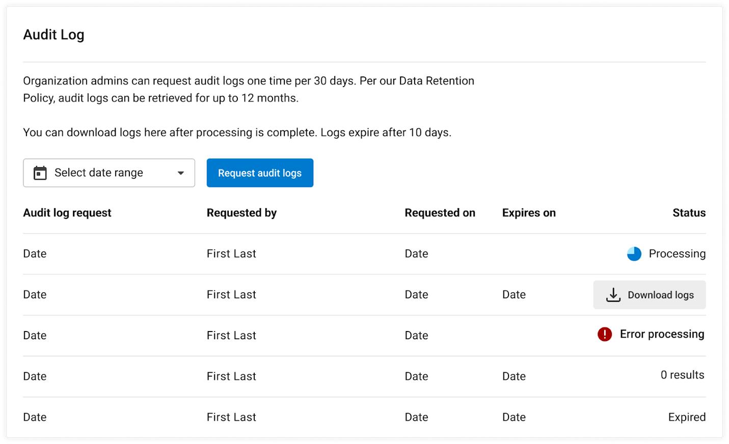 CircleCI admins can request audit logs from the management console