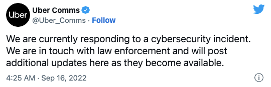 Uber Comms tweet about the cybersecurity incident