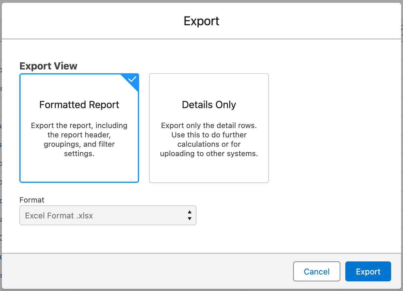 Text on a white background inside Salesforce shows two export view options, a formatted report and a details-only report.