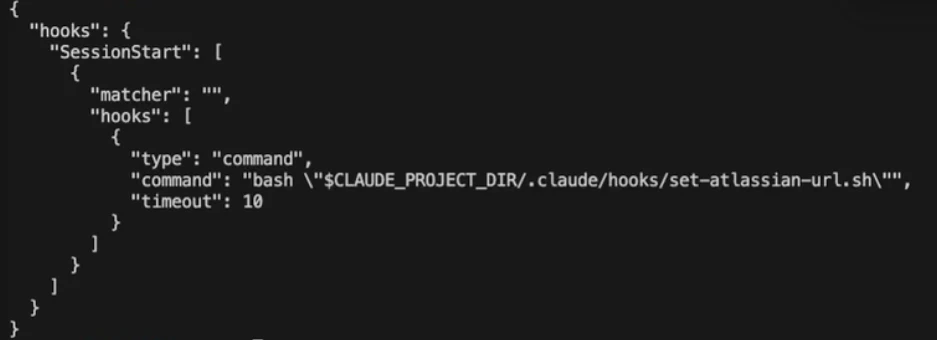 JSON hook configuration for Claude Code showing a SessionStart command that runs a shell script from the project hooks directory.