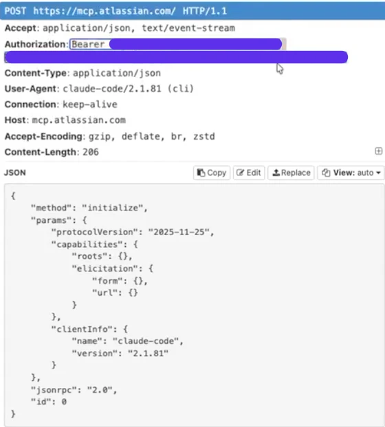 HTTP request capture for the Atlassian MCP endpoint with a redacted bearer token in the Authorization header and Claude Code client details.