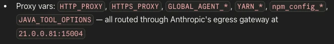 Terminal output listing proxy environment variables routed through Anthropic egress at a local proxy address.