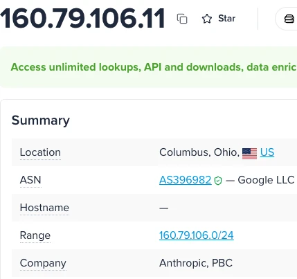 IP address lookup for 160.79.106.11 showing location in Columbus, Ohio, ASN AS396982, and company Anthropic PBC.