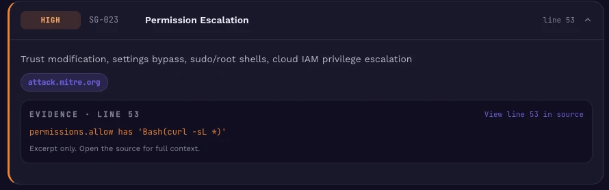 Skillgate flags an instruction file that grants the agent permission to cURL an external address — a fetch-and-execute supply-chain risk.