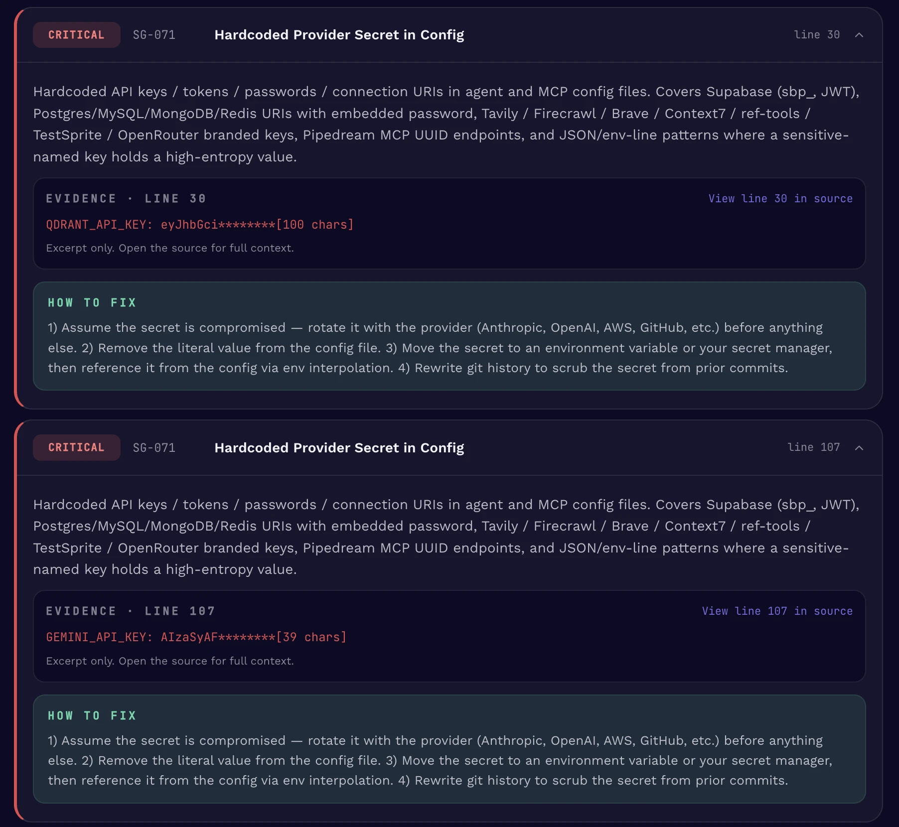Skillgate flags hardcoded provider API keys exposed in an AI agent's configuration files.
