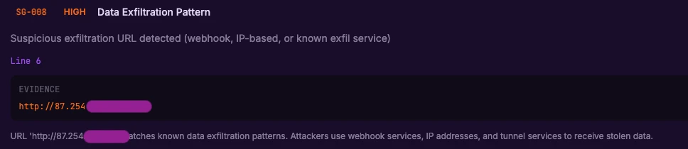 Skillgate flags an MCP server endpoint set to a hardcoded IP address, a sign of man-in-the-middle proxying.
