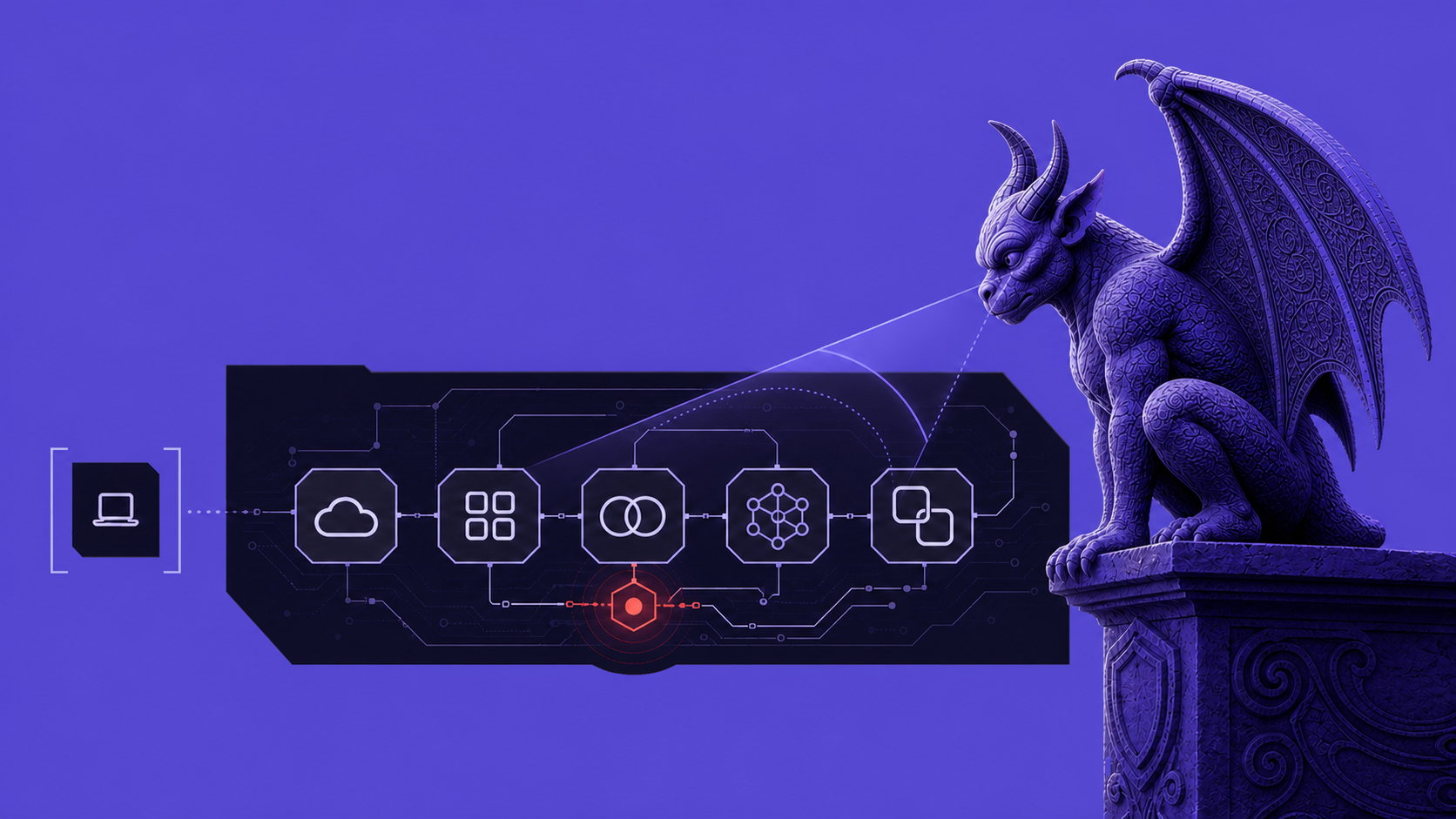 Illustration of a purple gargoyle crouched at the base of a stone path. An ornate path streams above, led by a star, signifying the gap between discovery and the fix.