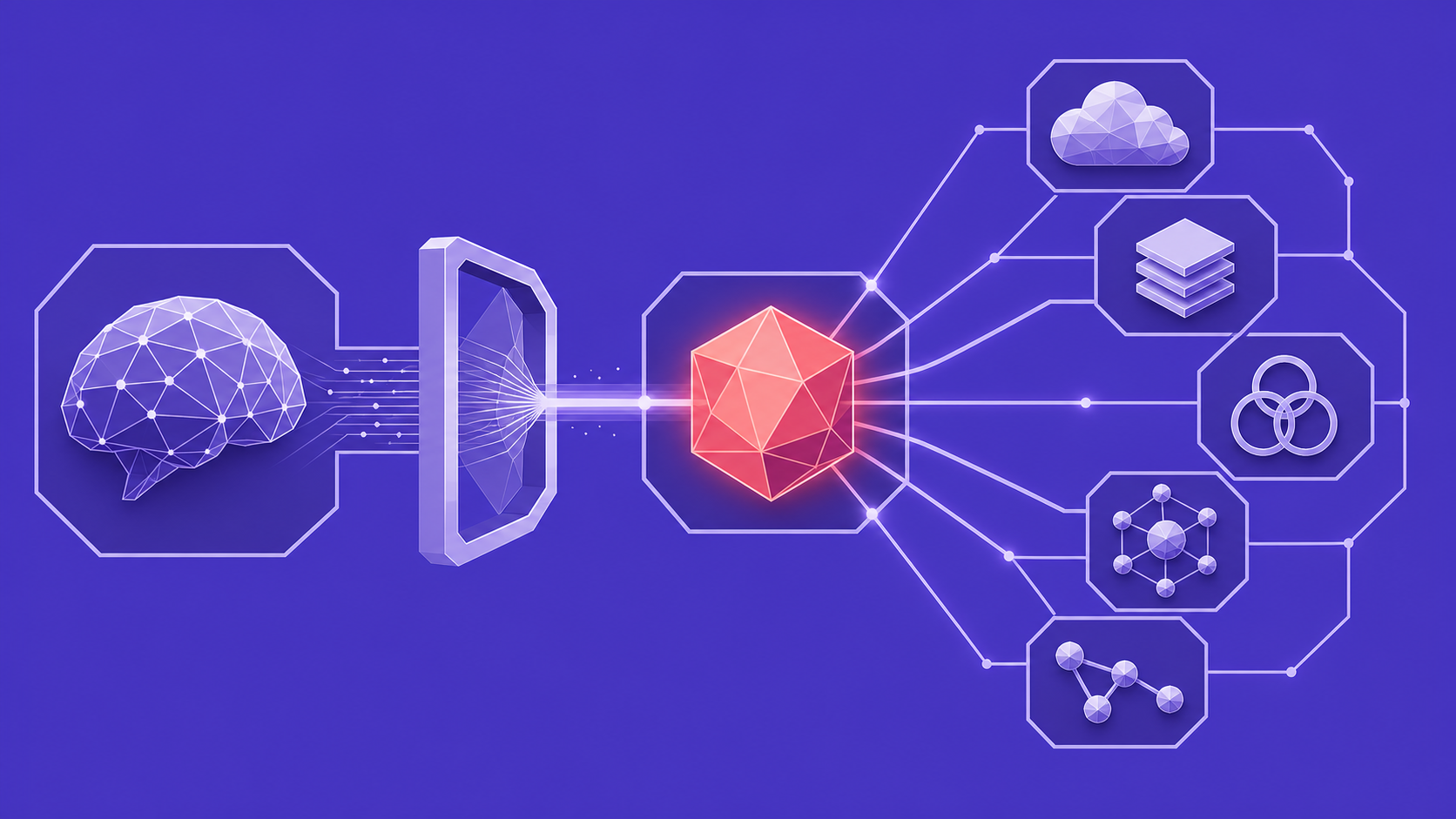 On a purple background, a geometric design of a brain accesses new capabilities via a door and node.