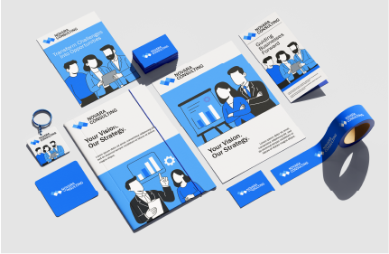 Novara Consulting corporate collateral design including folder, posters, and business cards