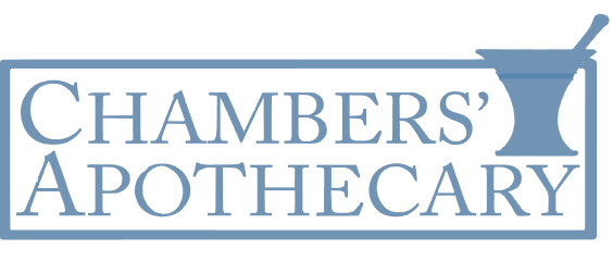 NPCA Cards: Vintage blue Chambers' Apothecary logo with mortar and pestle