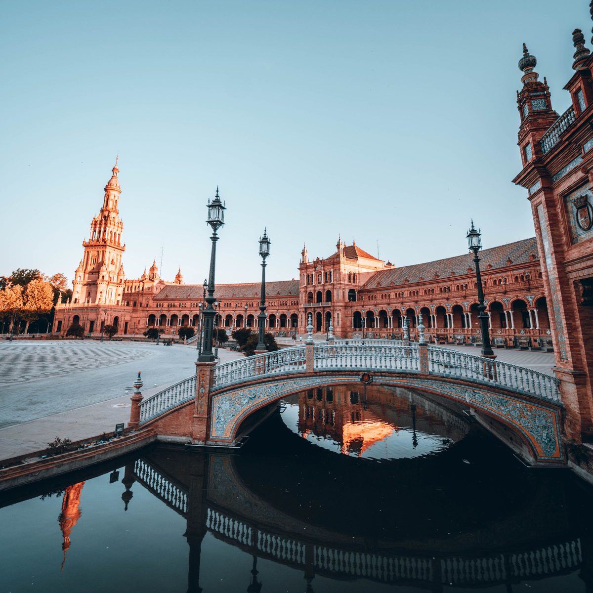 Plaza de España with its canal and bridges in Seville, Spain