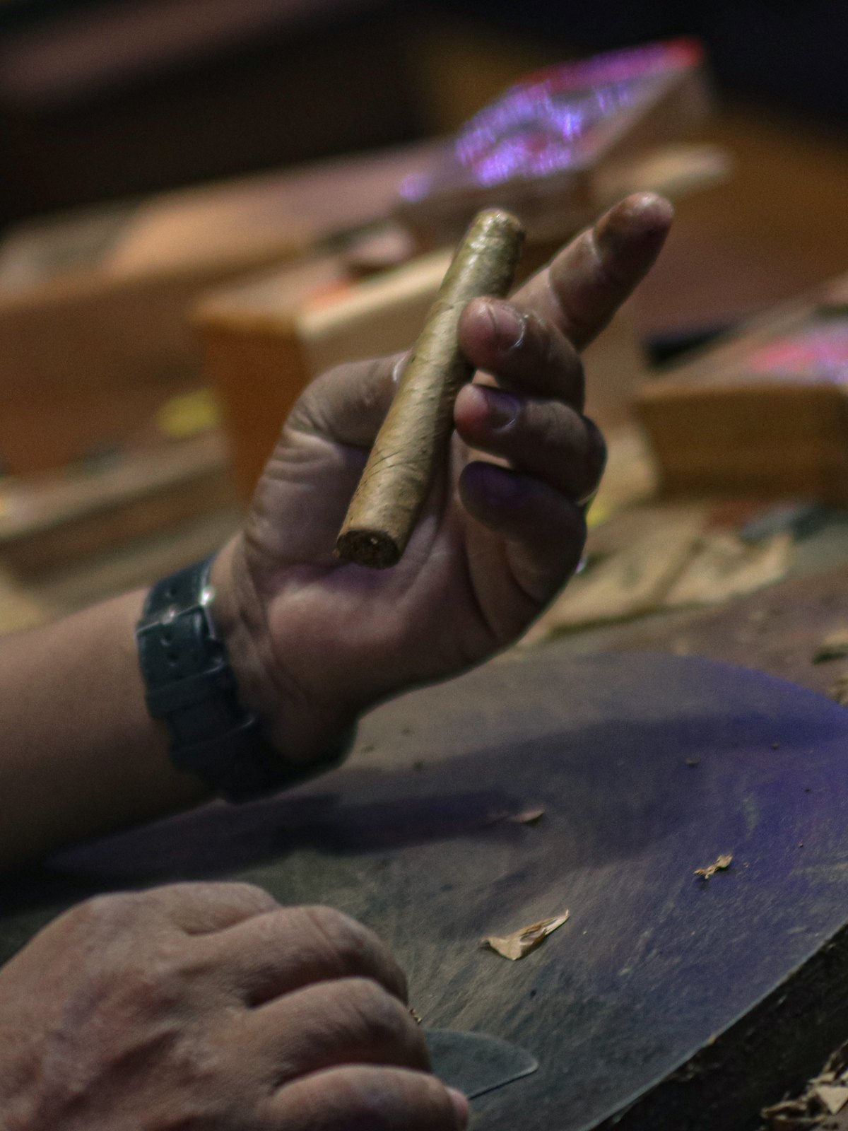 Hands rolling a cigar in a Dominican cigar workshop.