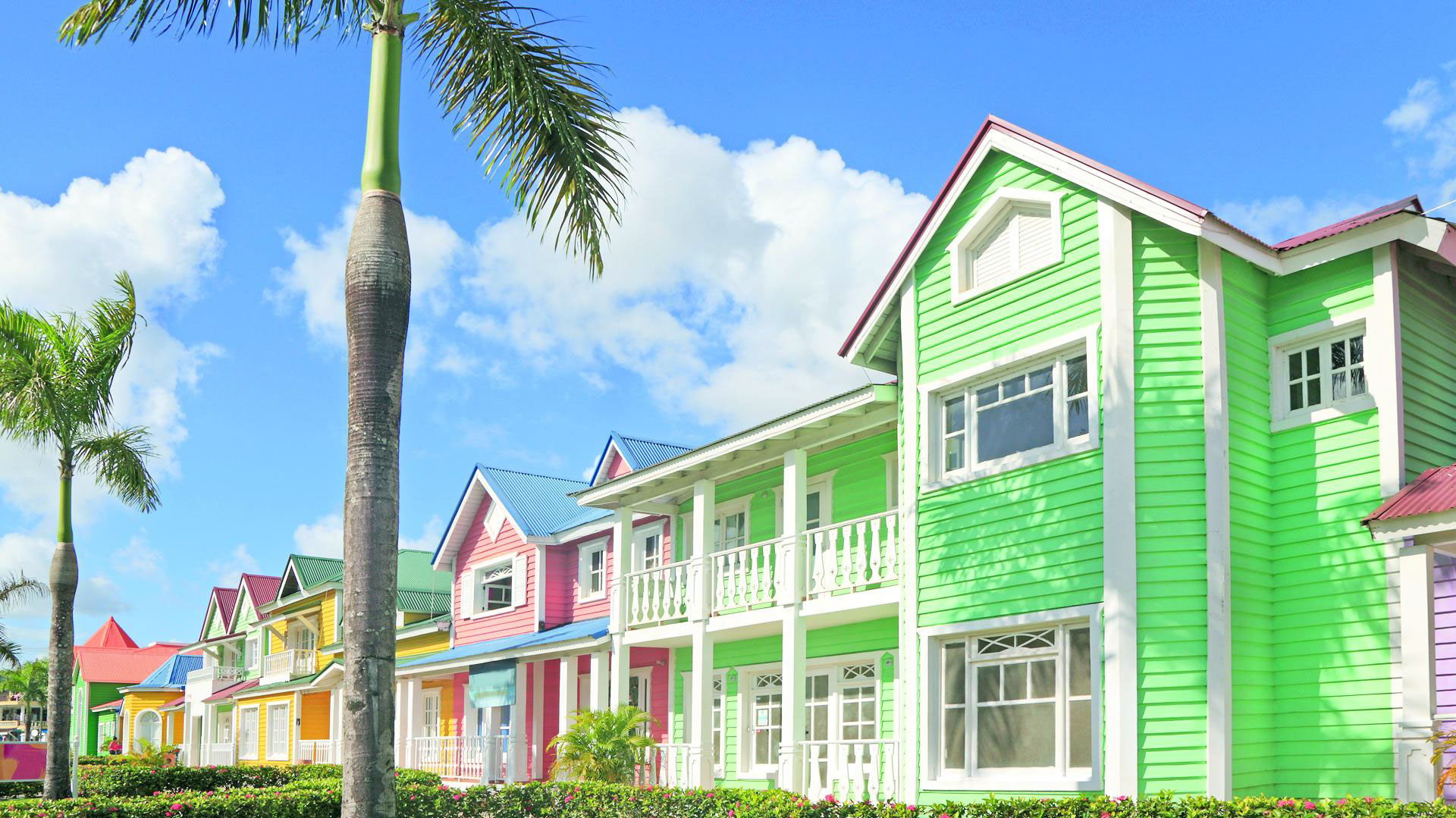 Row of colorful Caribbean wooden houses with white balconies and tin roofs, lined with palm trees under a bright blue sky in the Dominican Republic.