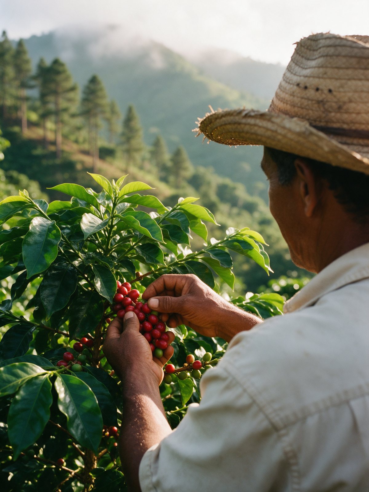 Dominican coffee farmer harvesting ripe coffee cherries in the Jarabacoa mountains.