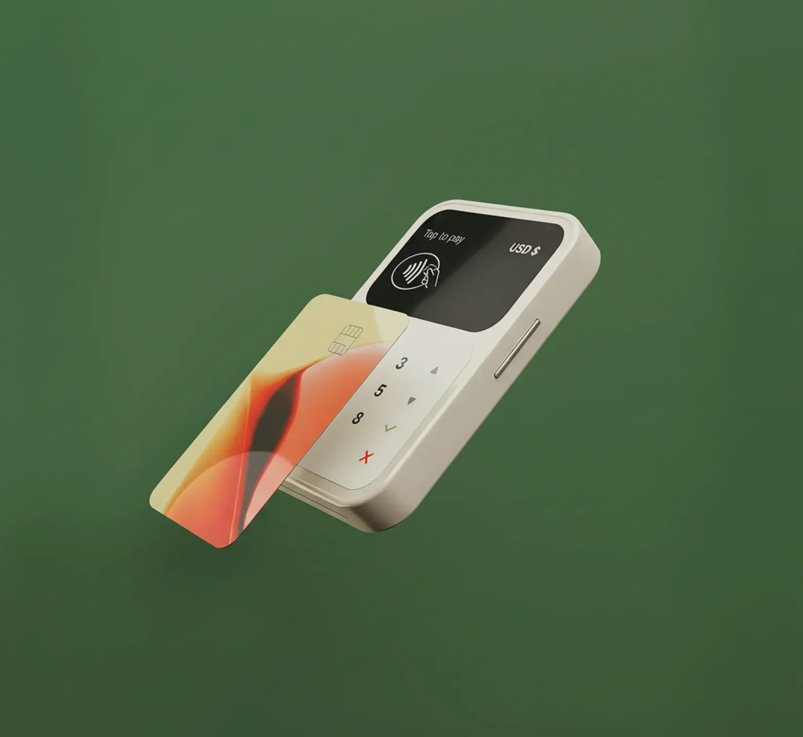 3D illustration of a contactless payment with a colorful credit card hovering over a white terminal on a green background