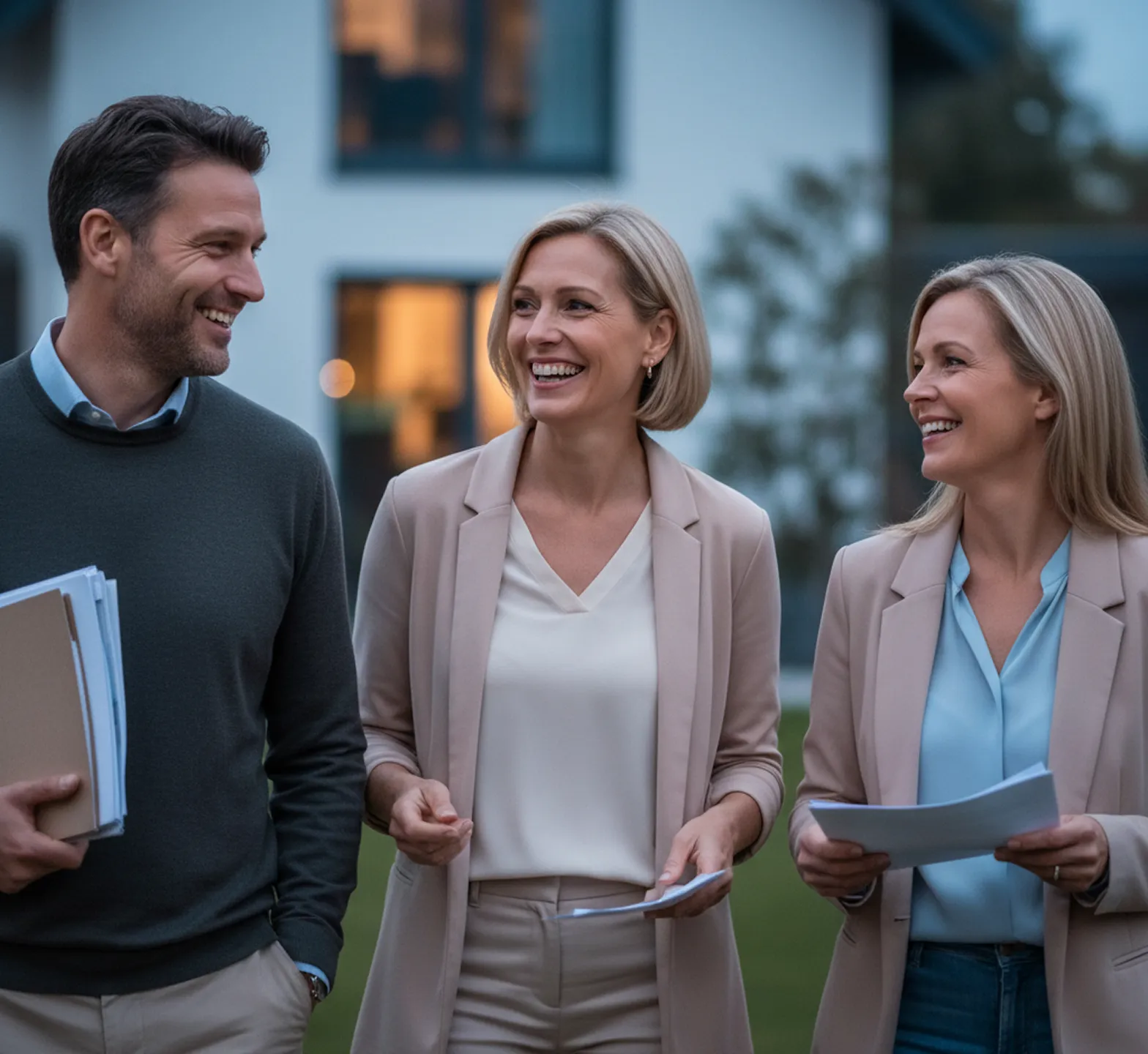 A smiling broker and two buyers walking with documents in front of a house