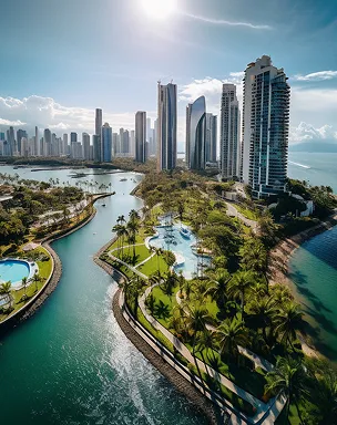 Dubai skyline with waterfront and palm-lined park
