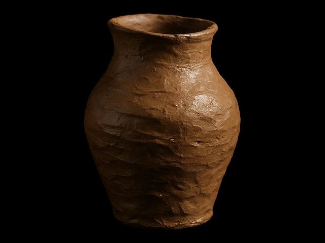 Handmade clay pot with a rough, textured surface on a black background.
