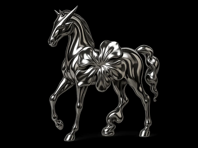 Shiny metallic sculpture of a horse with a large clover-shaped form integrated into its body.