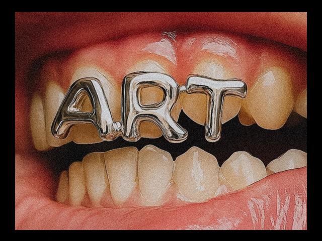 Close-up of teeth with shiny metallic letters spelling “ART” placed across them