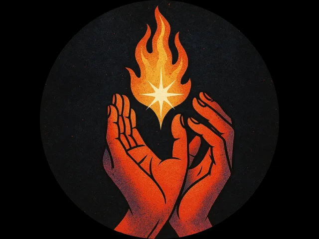 Illustration of two red hands holding a glowing flame with a starburst in the center, against a black background.