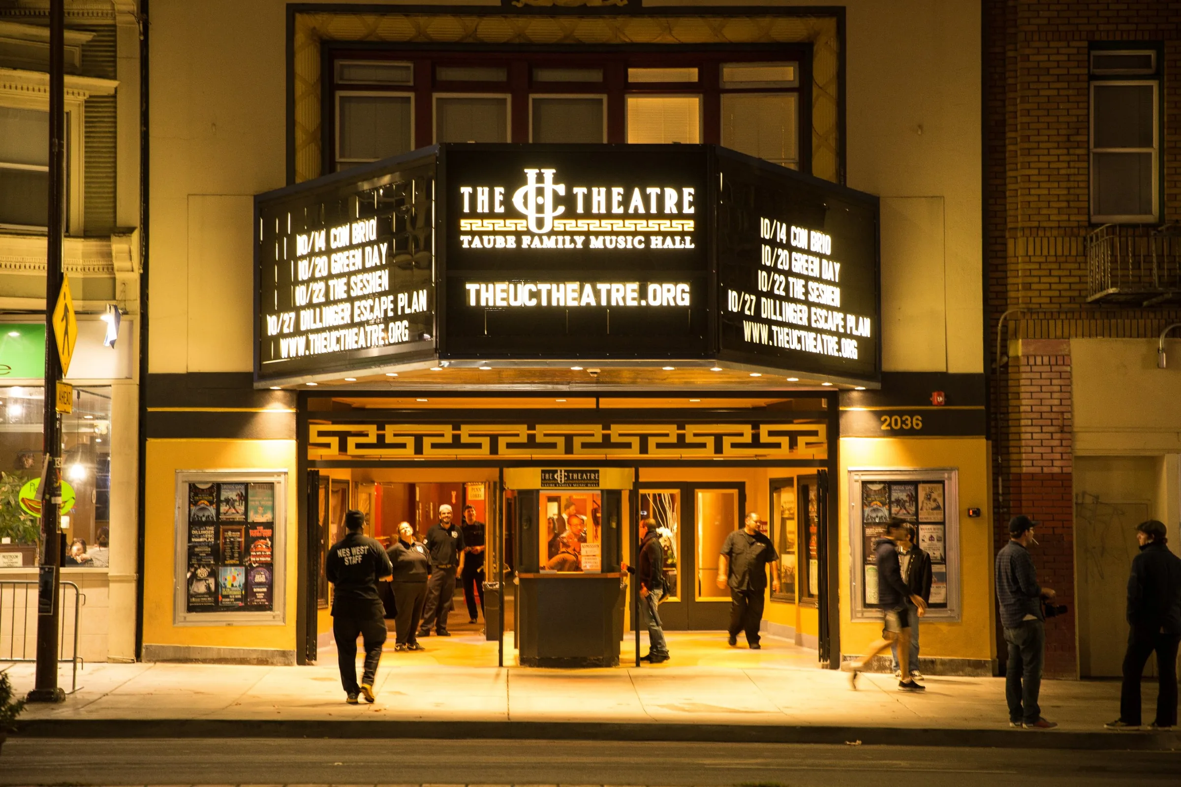 The UC Theatre marquee lit up at night on University Avenue