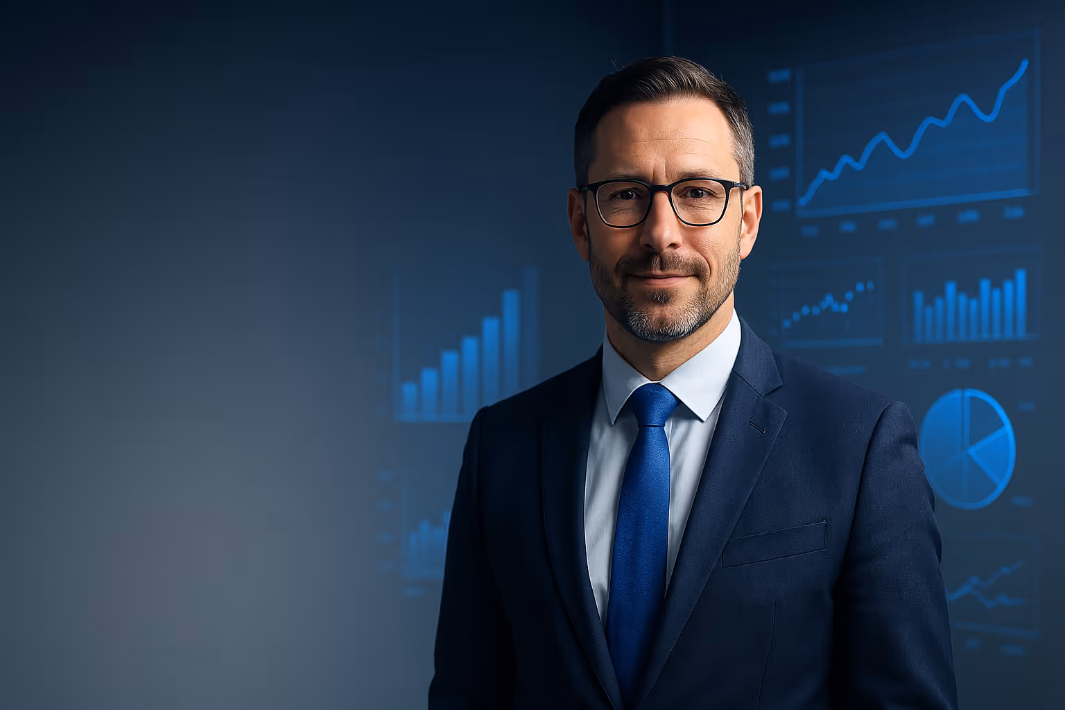 Confident business executive in blue suit with data analytics charts in the background.