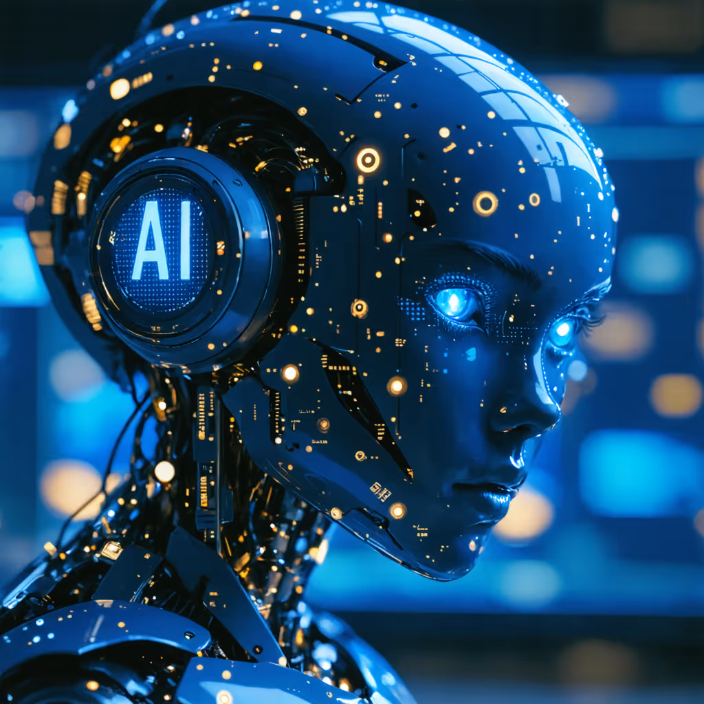 Futuristic AI robot with glowing circuits representing artificial intelligence and machine learning.