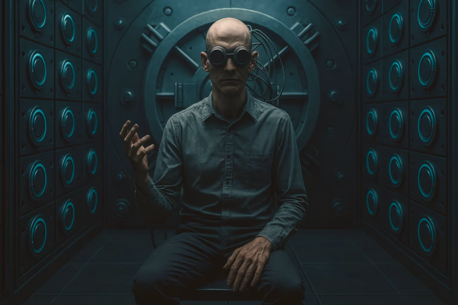 Futuristic digital concept showing a man in a dark data vault wearing cybernetic goggles, symbolizing advanced technology, artificial intelligence, and data security risks.