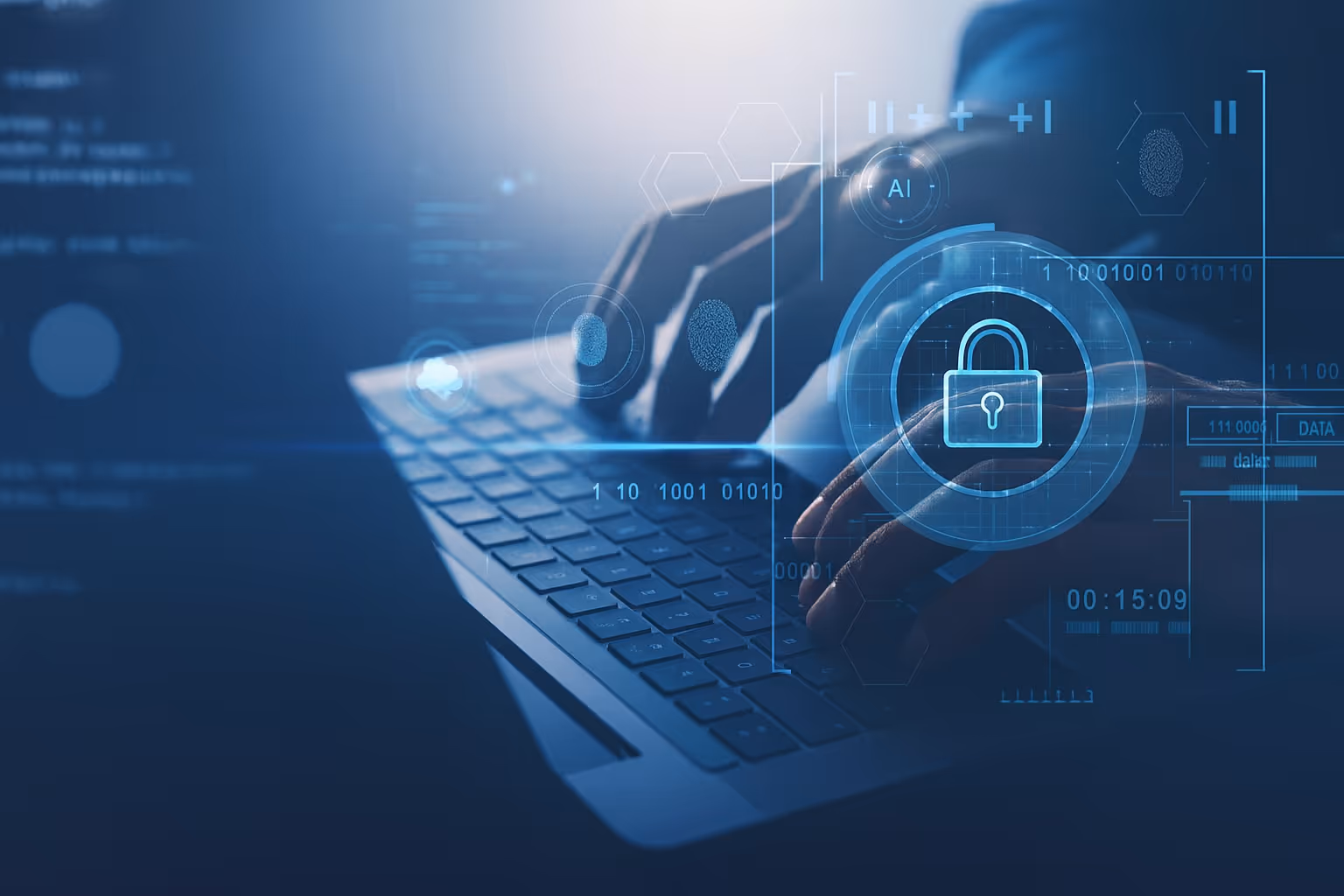 Close-up of hands typing on a laptop with digital cybersecurity graphics overlay, including a glowing padlock icon, fingerprint, and binary code, symbolizing secure data protection and cyber defense.