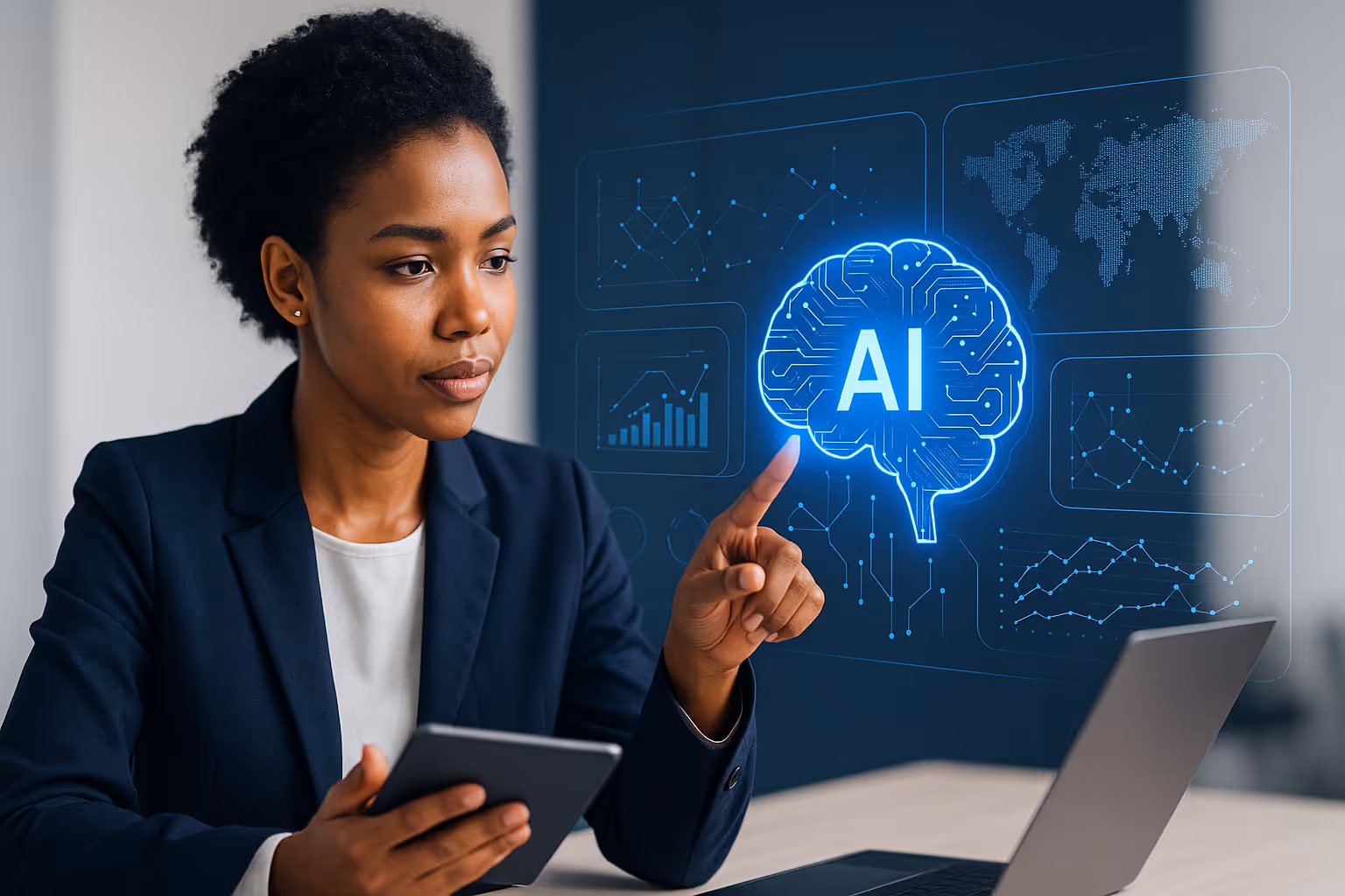 Professional Black woman using AI technology on a digital interface, analyzing data and insights with a laptop and tablet, symbolizing artificial intelligence adoption in business.