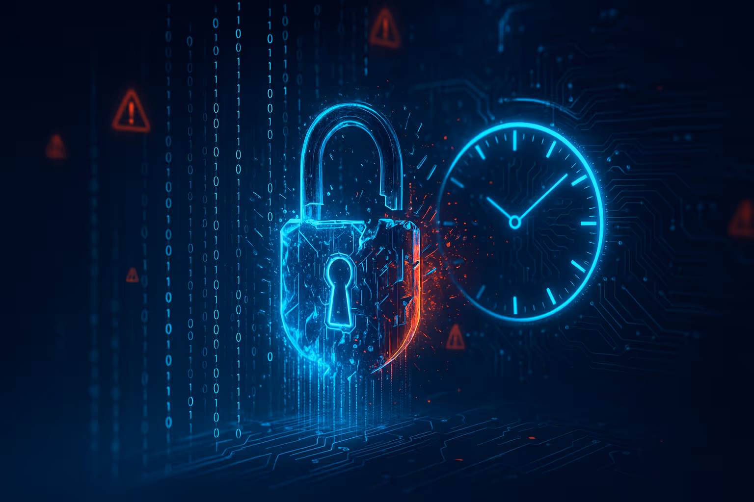 Digital illustration of a glowing padlock and clock surrounded by binary code, symbolizing critical cybersecurity vulnerabilities, system breaches, and the race against time to patch exploits.